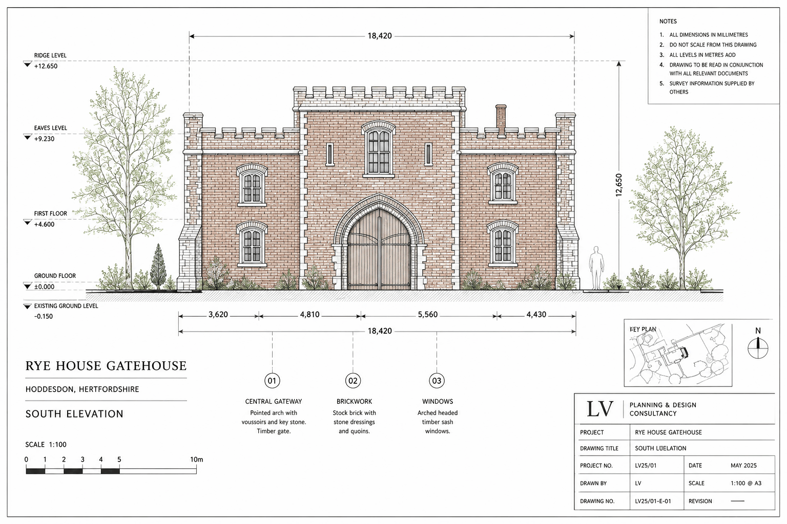 Measured south elevation of Rye House Gatehouse, Hoddesdon, in modern planning-submission style with dimensions and level markers