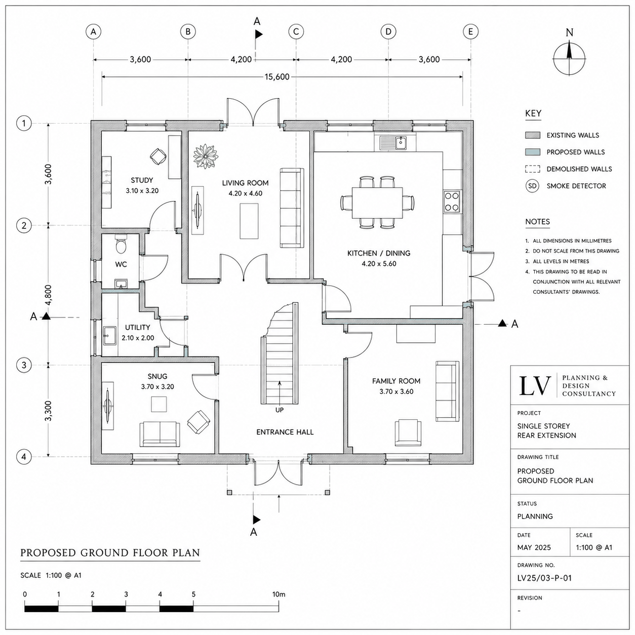 Proposed ground floor plan with grid references, dimensions, key and title block