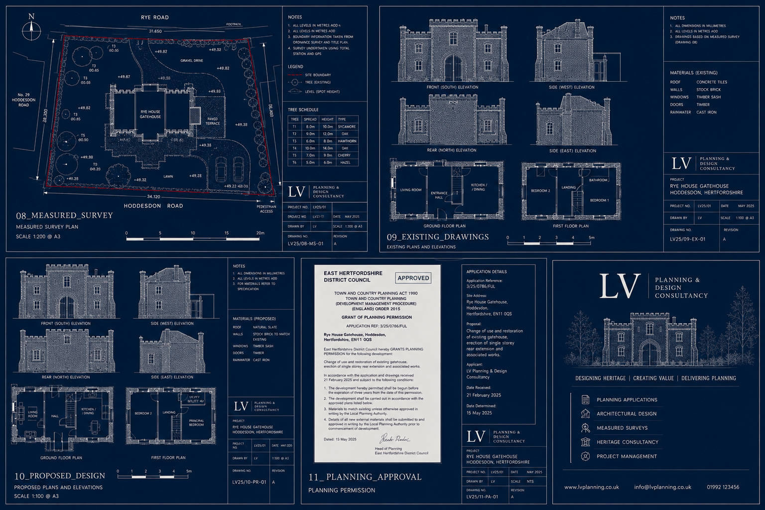 Blueprint illustration of a planning permission decision notice marked approved